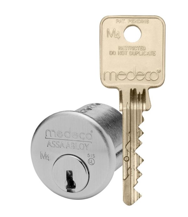 Medeco high-security deadbolt cylinder and restricted key for home protection